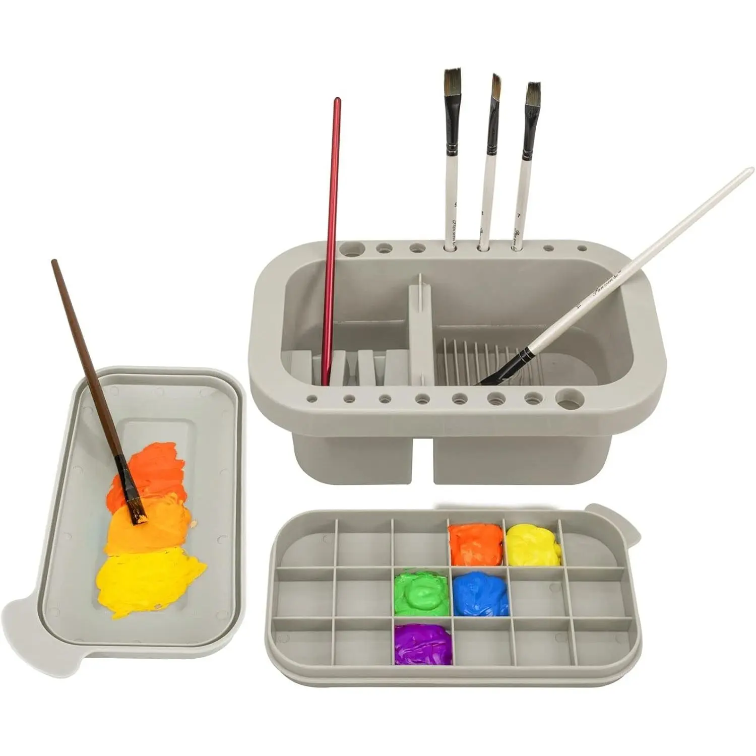 Paint Brush Cleaner, Paint Brush Holder and Organizers with Palette for Acrylic, Watercolor, and Water-Based Paints (Grey)