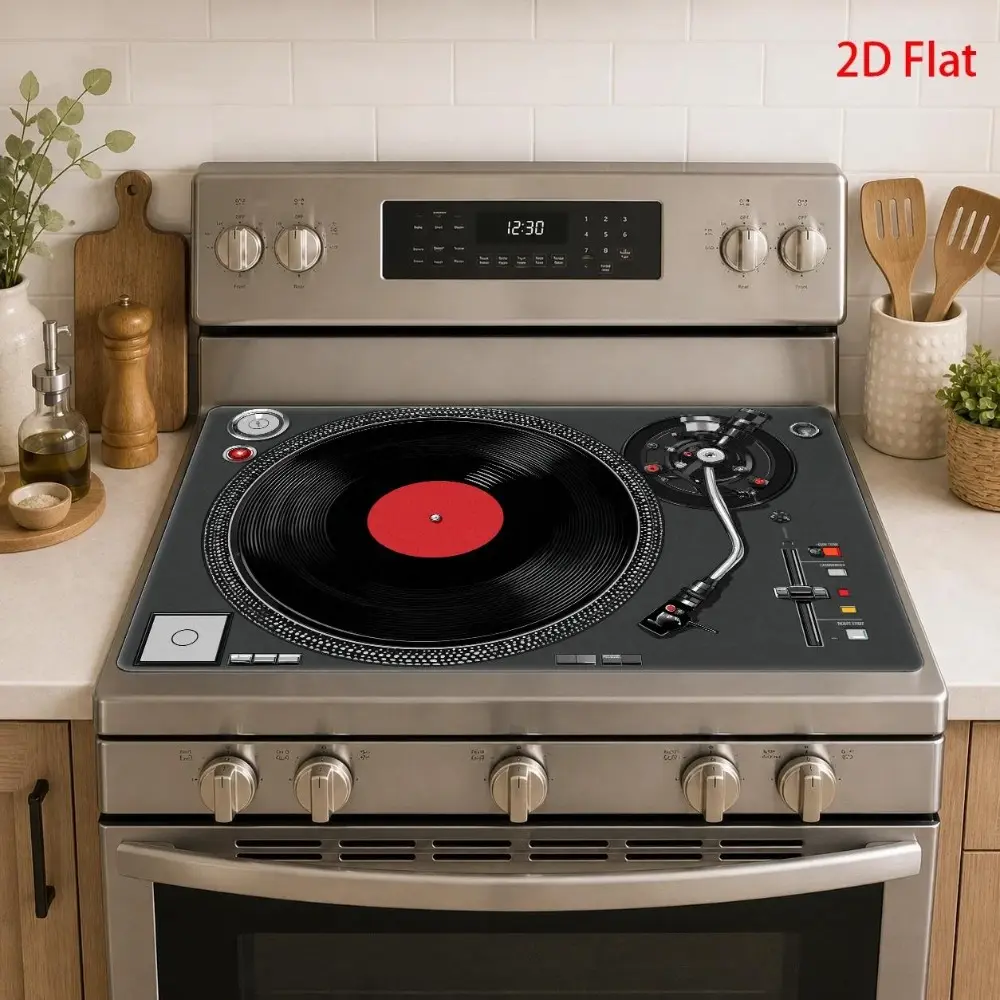 Retro vinyl record style pattern design rubber stove cover - heat-resistant, non slip, absorbent, easy to clean, oven mat, refrigerator mat, kitchen stove cover, suitable for surface protection of ovens, washing machines, and appliances