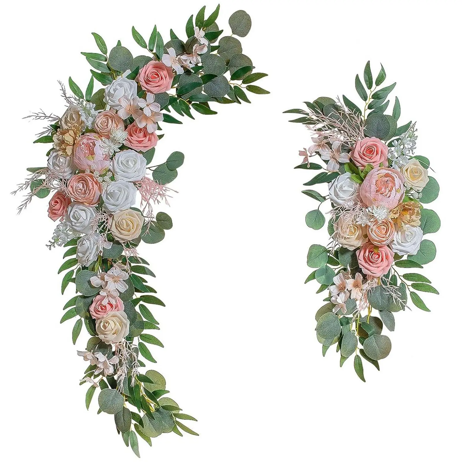 2 PCS elegant champagne pink wedding arch artificial flower set, featuring pink peonies, salmon pink, and champagne roses as the main flowers, paired with green leaves and tendrils, suitable for wedding ceremonies, receptions, and party decorations