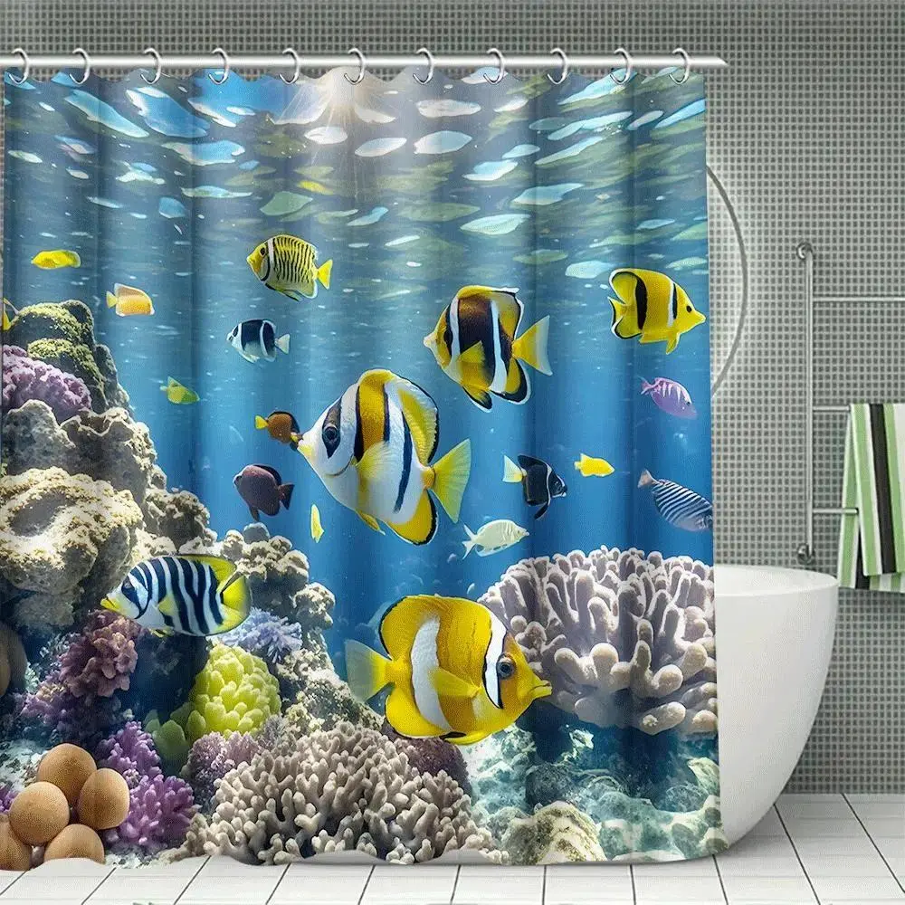 1/4-Piece Underwater Fish Coral Reef Shower Curtain Set, Summer Shower Curtains For Bathroom, Bathroom Accessories Including Rug, U-Shaped Pad, Toilet Seat Cover, 12 Hooks
