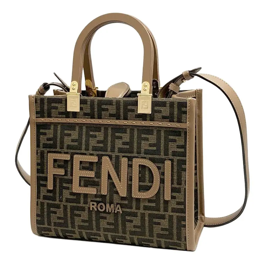 Fendi Sunshine FF-Embossed Tote Bag for Women, Jacquard Nylon Crossbody Handbag in Brown