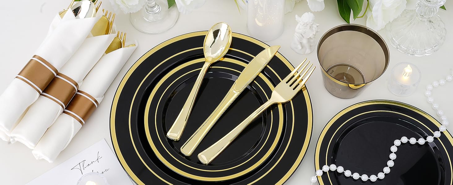 350 PCS Black Plastic Dinnerware Set for 50 Guests, 100 Disposable Plates for Party, 50 Pre Rolled Napkins with Gold Silverware, 50 Cups for Graduation 350 PCS Black Plastic Dinnerware Set for 50 Guests, 100 Disposable Plates for Party, 50 Pre Rolled Napkins with Gold Silverware, 50 Cups for Graduation