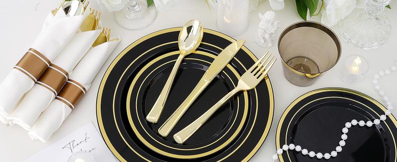 350 PCS Black Plastic Dinnerware Set for 50 Guests, 100 Disposable Plates for Party, 50 Pre Rolled Napkins with Gold Silverware, 50 Cups for Graduation