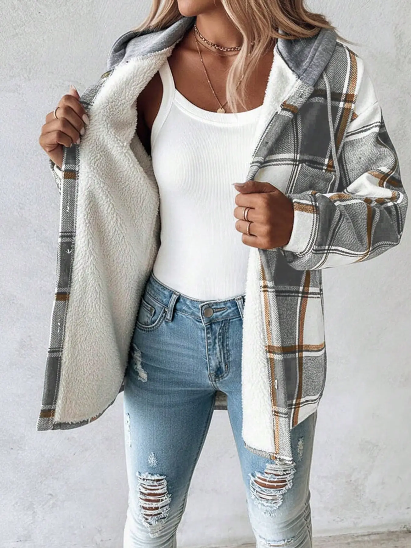 Women's Plaid Hooded Fleece Lined Shirt Jacket, Vintage Casual Style, Warm Outerwear for Winter, Daily Commute Fashion Everyday