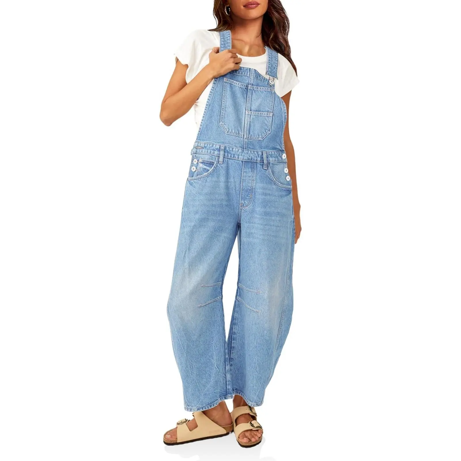 Cicy Bell  Womens Denim Bib Overalls Barrel Leg Adjustable Strap Jean Pants Jumpsuits with Pockets