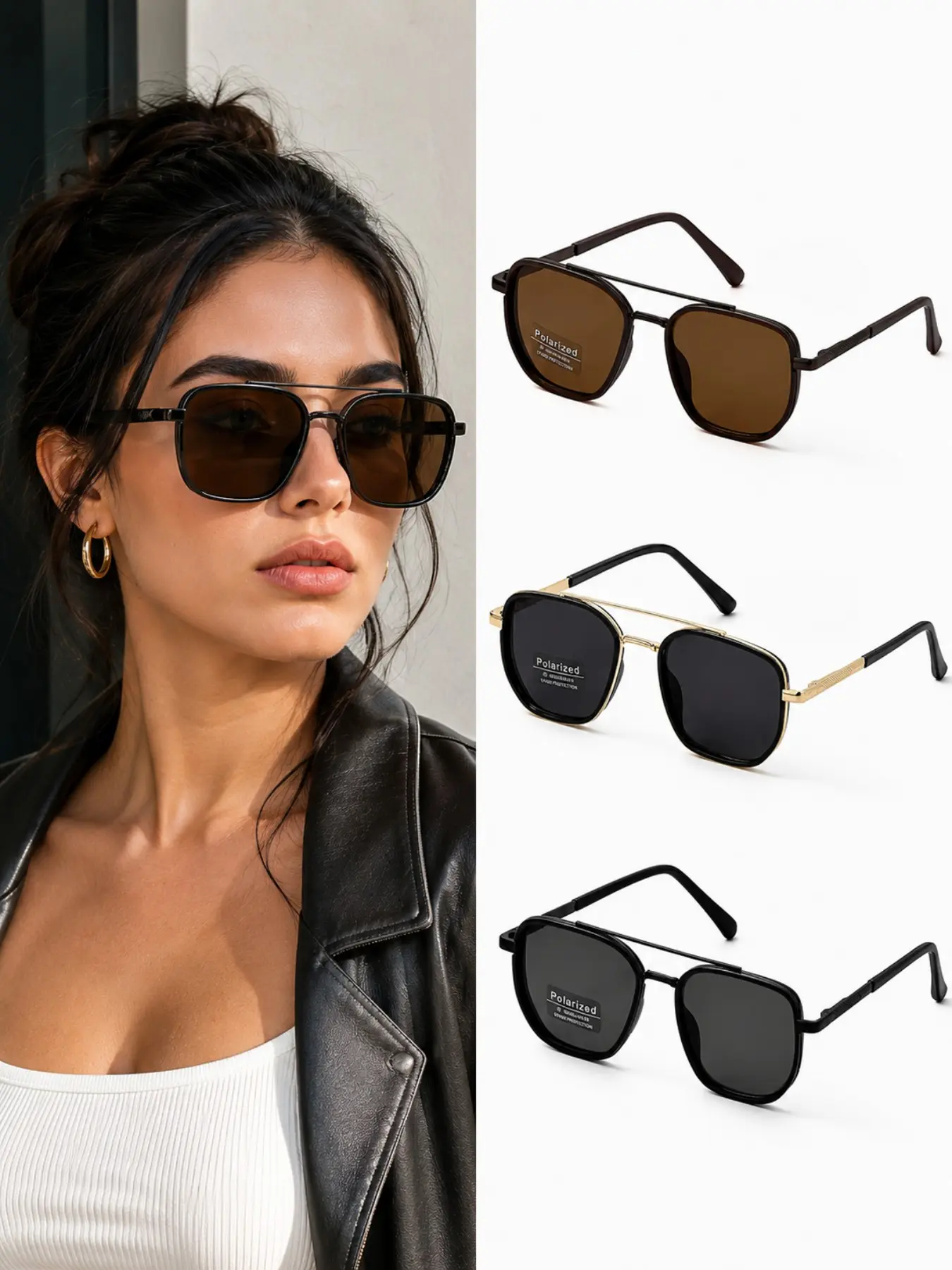 3pcs Geometric Double-Beam Polarized Sunglasses Set, Lightweight Metal Frame, Unisex Fashion Sunglasses Travel Back-To-School Daily, Trendy Versatile Sunglasses