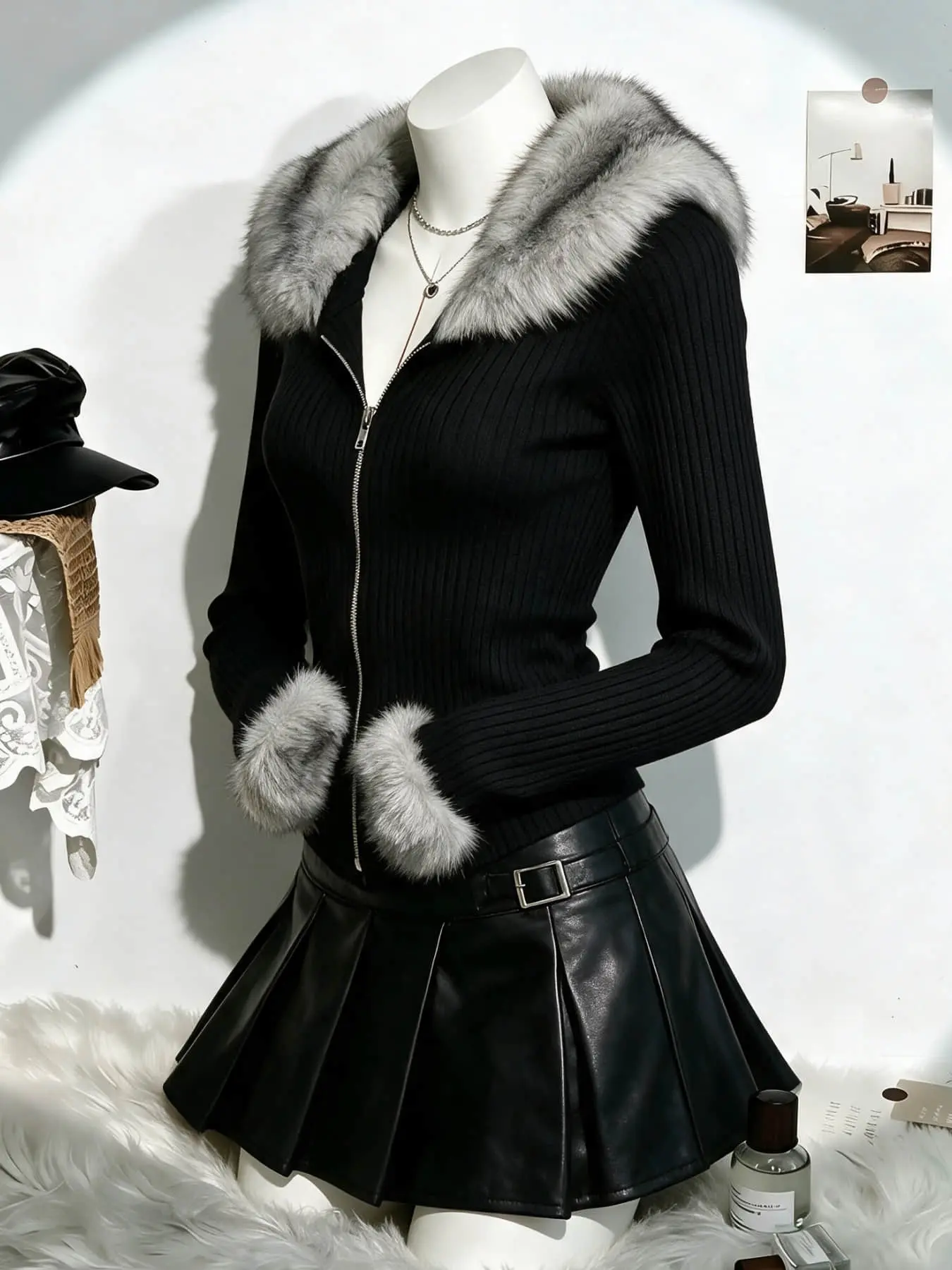 1 piece of women's fashionable black fur collar cardigan top with large gray fur collar zipper, waist cinching, slim fit, long sleeved, fur cuff design suitable for spring and autumn, suitable for dating, daily commuting, outdoor wear