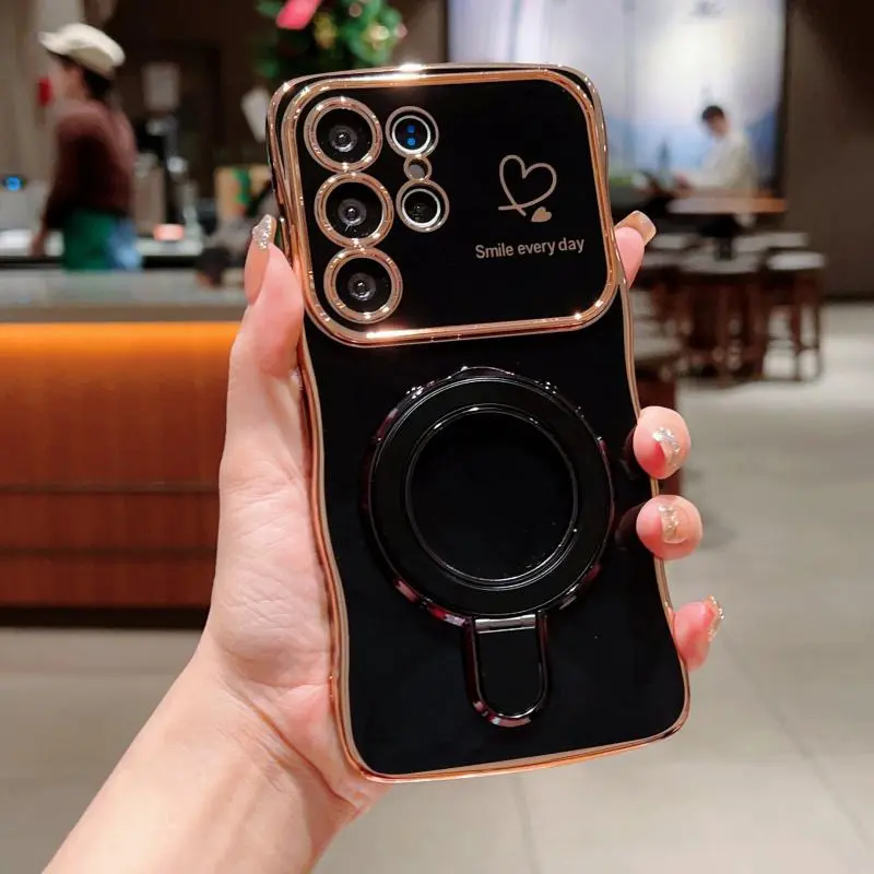 Phone Case: Creative Minimalist Wavy Electroplated Heart/Foldable Stand Protective Case, Suitable for Samsung S26 Ultra/S25/S24/S23/S22/S25 EDGE/S24P/S25P/A55/A54/A36/A56/A35/A26/A17/A16 Full-Coverage Drop-Proof Phone Case