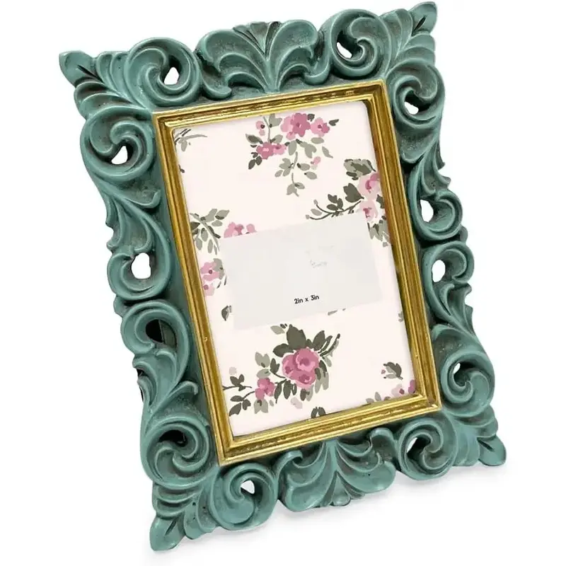 Antique 2x3 Light Blue Glass Photo Frame - Thin Border, Synthetic-Inspired Scroll Design, Horizontal-Vertical Display, Tabletop-Wall Hanging, Home Room Wall Wedding Decor