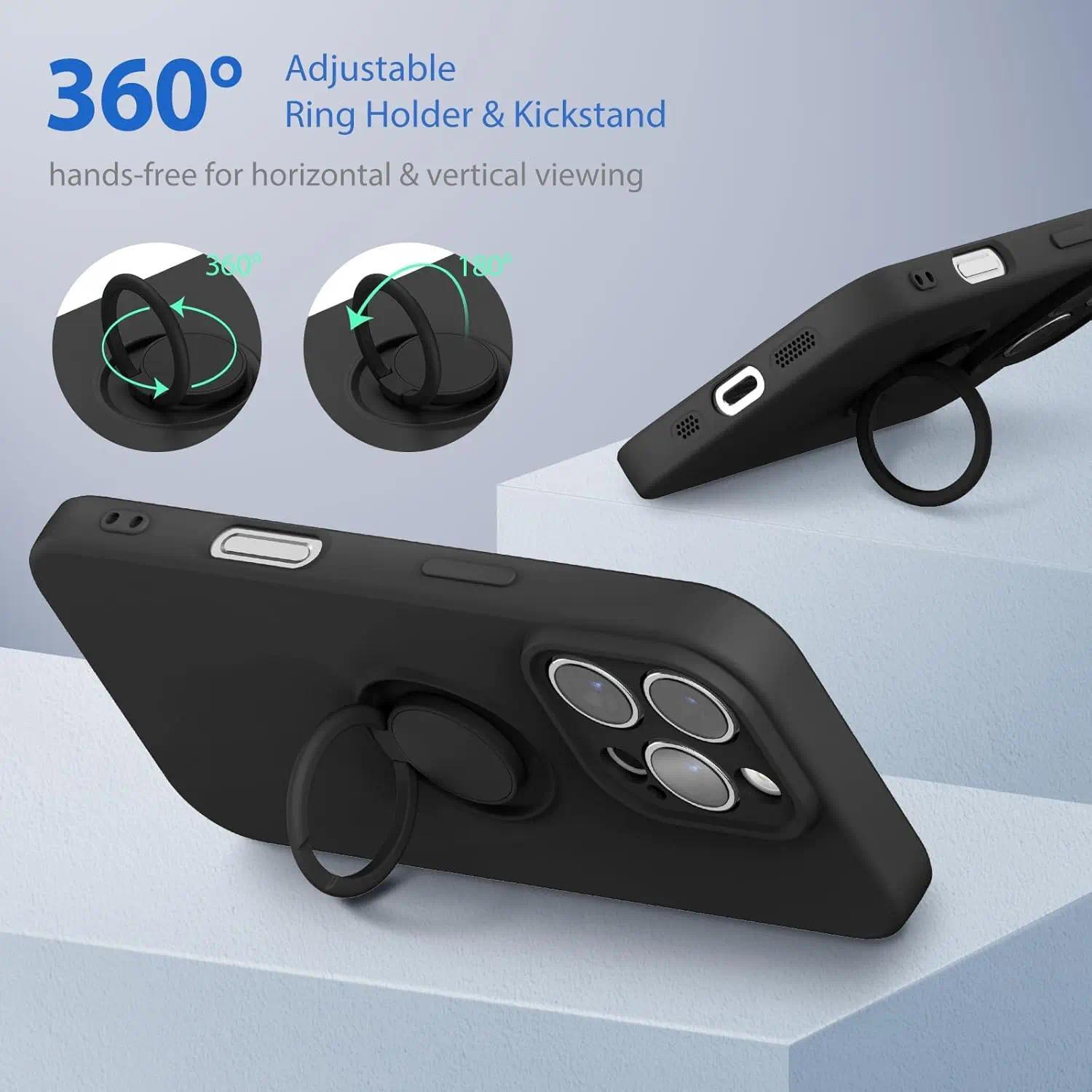 Phone Case for iPhone 16/15/14/13/12 Pro Max Plus Case with Ring Stand, Military Grade Drop Protection Liquid Silicone Slim Design Support Magnetic Car Mount, Shockproof Protective Phone Cases