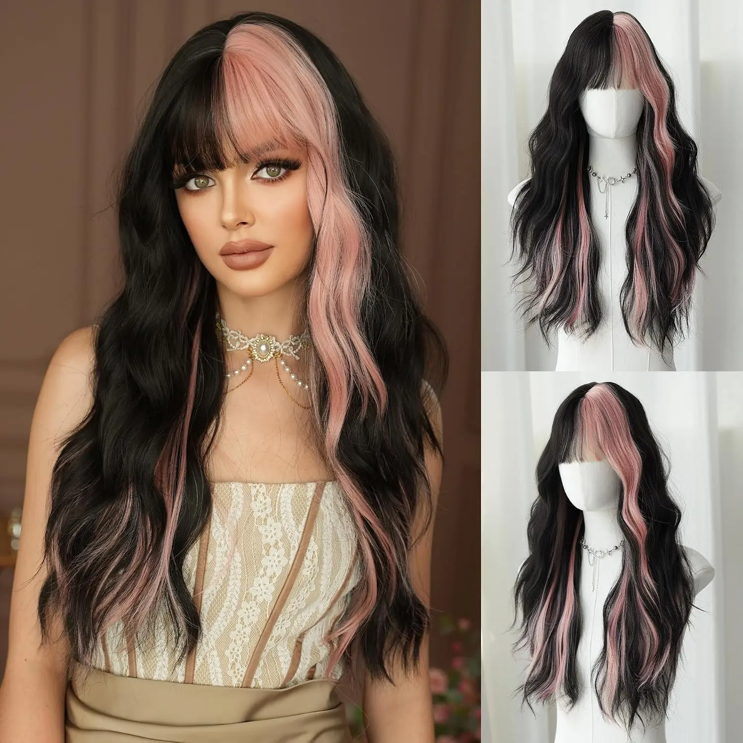 Long Wavy  Black Highlight Wig 27in  Heat Resistant Fiber Synthetic Curly Light  Black Ombre  with Bangs for Women Girls Daily Party Chrismas Travel