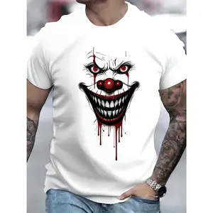 Men's 3D Digital Print Clown Face T-Shirt -  Spooky Clown Design, Red Hair, Light Beige, Slightly Stretchy, Suitable for All Seasons, Perfect for Casual Wear and Halloween Parties.graphic tee,t shirt for men,funny graphic tee,men's t shirts