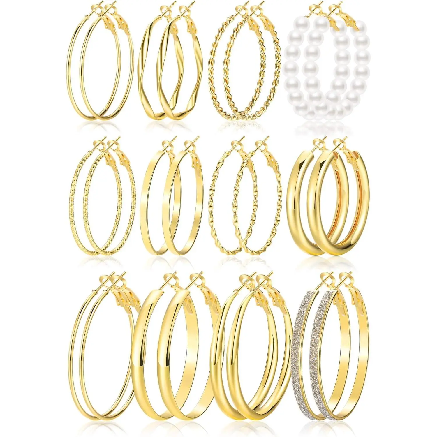 Gold Hoop Earrings Set for Women, 12 Pairs Hypoallergenic Large/Big Thin Thick Gold Hoops Earrings Loop Pack for Jewelry Gift 40mm/50mm