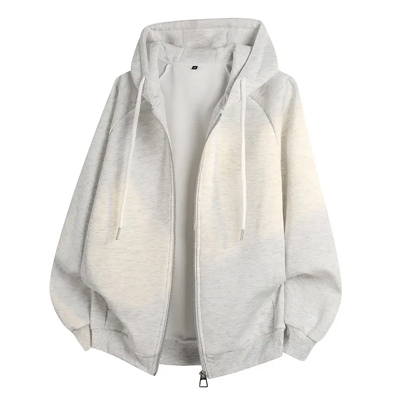 Men's solid-color zip-up hooded cardigan sweatshirt with raglan sleeves, lined with soft, skin-friendly fabric. Casual, comfortable, stylish and versatile in minimalist design, ideal for daily commuting.