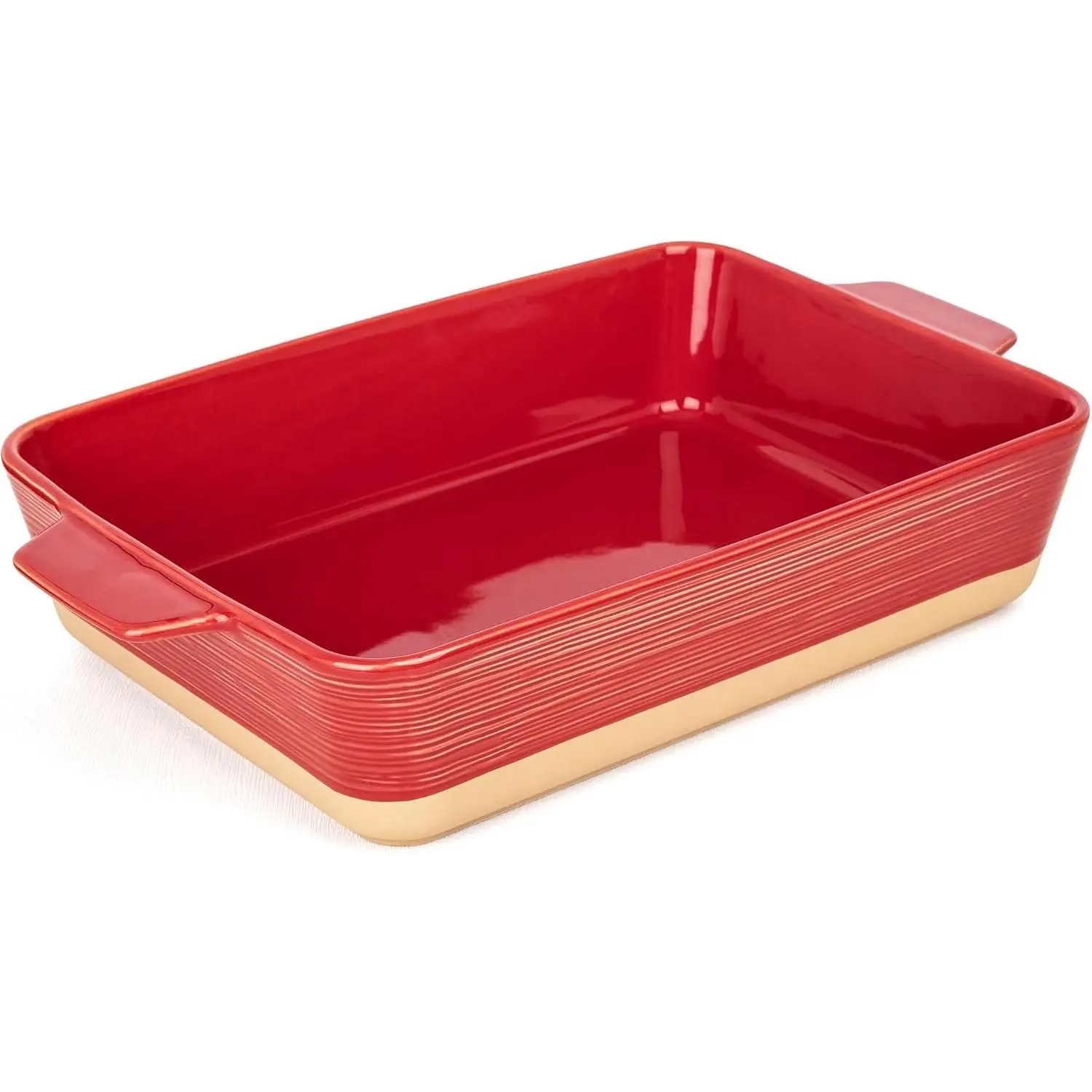 Sturdy Ceramic Bakeware Casserole Dish - 4.2 QT Capacity, 9x13 In Glossy Rectangular Lasagna Pan, Deep Porcelain Baking Pan with Handles, Microwave & Oven Safe, Home Decor, Wedding Gift (Khaki & Red), Deep Pan