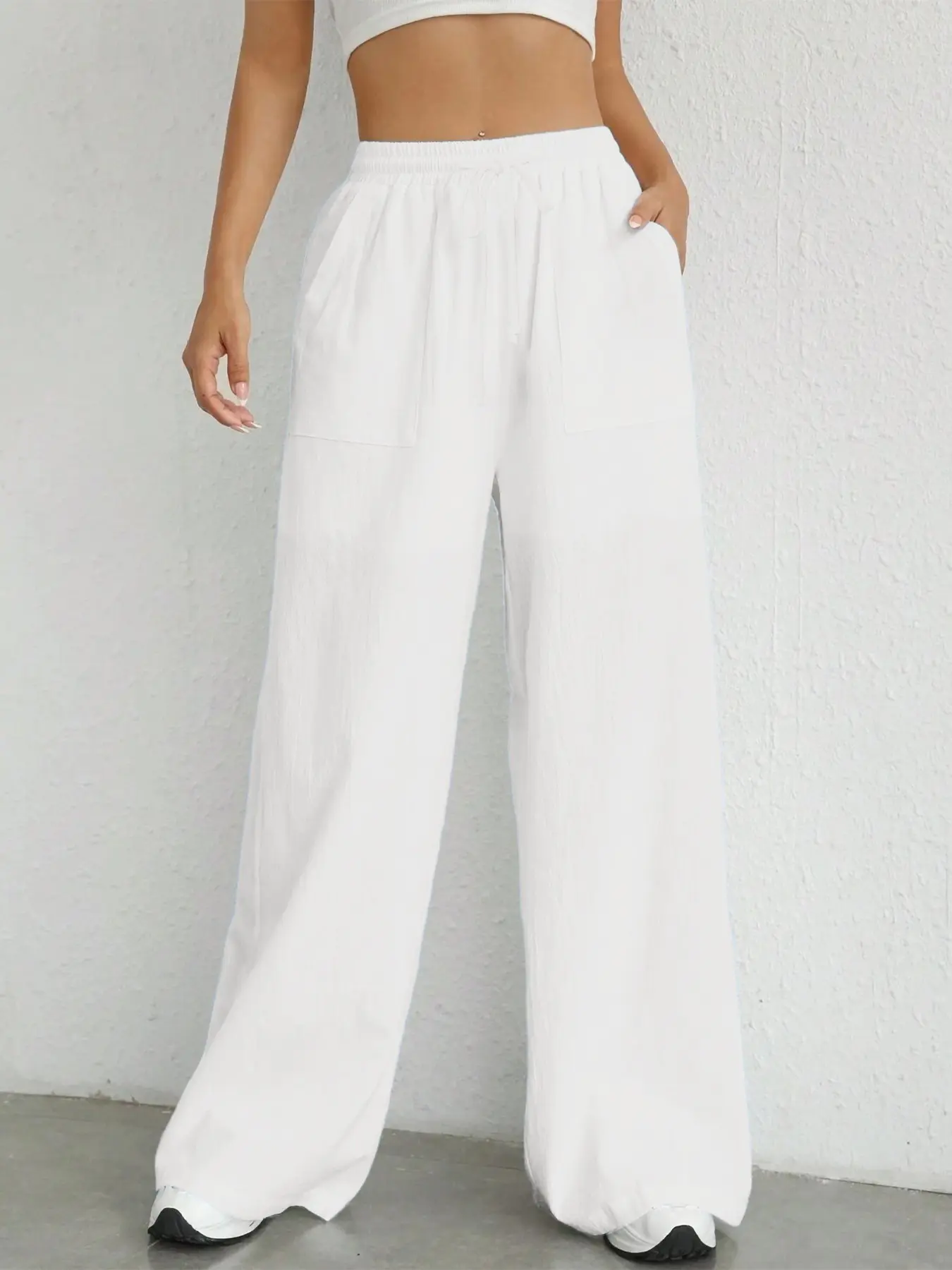 Women's Plain Linen Loose-Fit Baggy Wide-Leg Pants, Casual Drawstring Straight Leg Micro Flare Pocket Long Pants, High Waist Slimming Comfortable