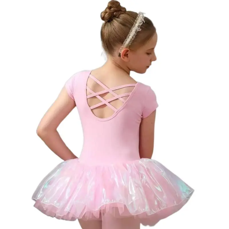 Girls' Summer Short-Sleeve Cross-Back Ballet Leotard Set with Matching Skirts - Premium Combed Cotton, Sweat-Absorbent Top, Fitted, Versatile Bodysuit for Dance Exams, Outdoor Activities, Ideal Mother's Day Gift