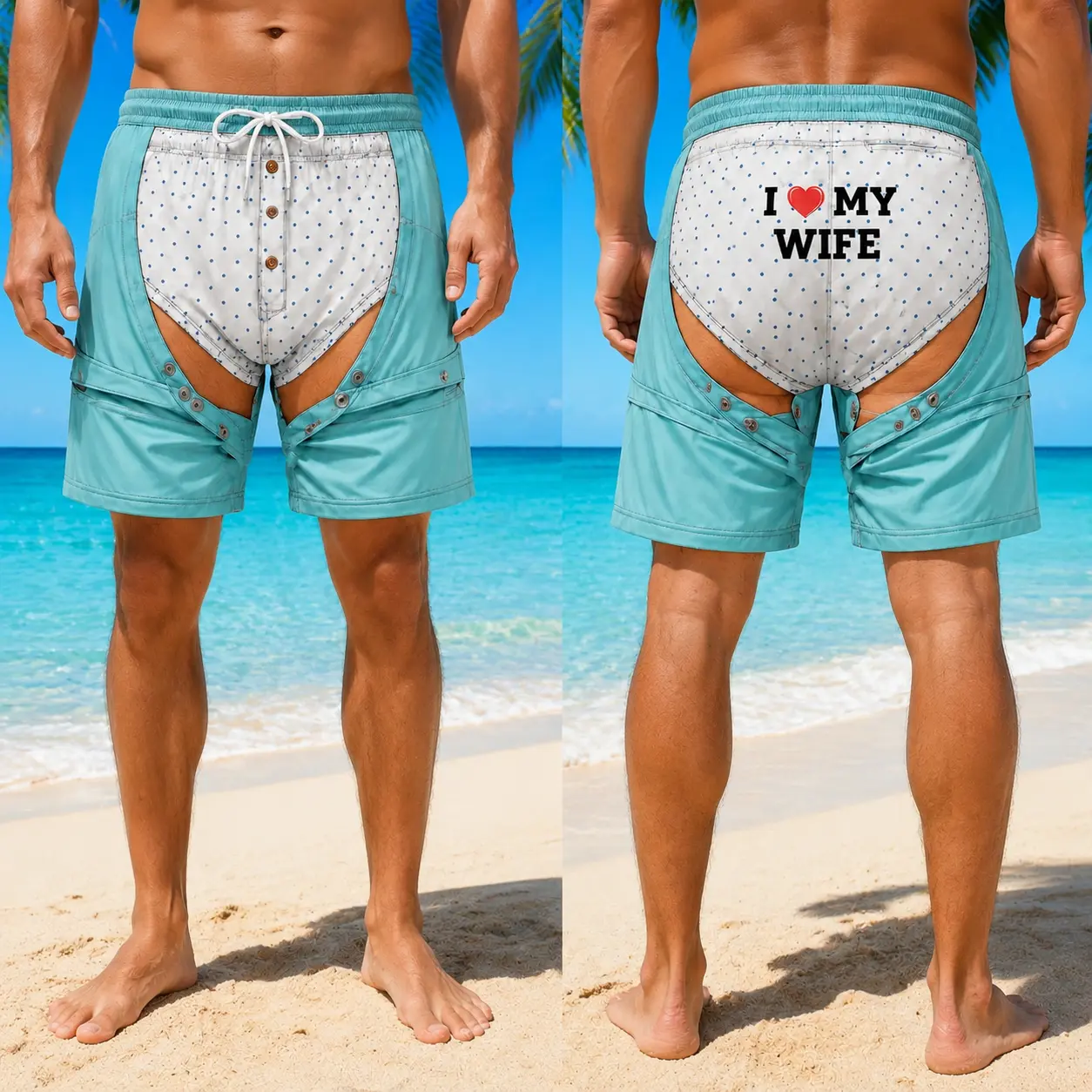 Beach Shorts Funny 3D Fake Underwear I Love My WIFE GIRLFRIEND Print with Mesh Lining Button Up Chaps Style Gag, Novelty Gift For Men Summer Vacation Beach Trip Pool