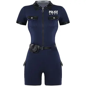 Women Dirty Cop Policewoman Cosplay Costume Zipper Short Sleeve Jumpsuit with Belt Purse Police Uniform Halloween Role Play Wear