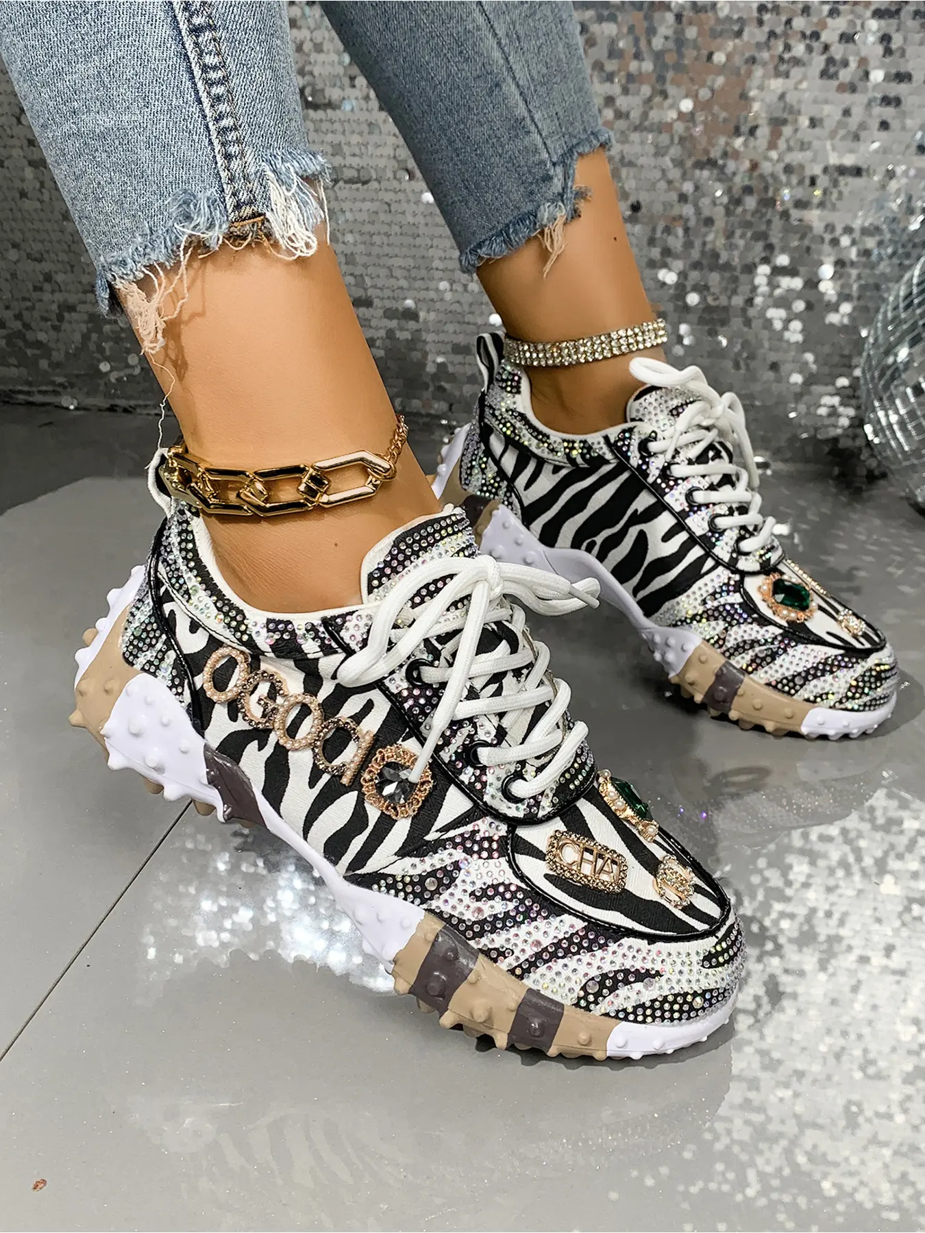 Ladies All Season Ripped Denim Matching Zebra Stripe Rhinestone Gem Chunky Sneakers Shock Absorbing Spike Sole Lace Up Glam Daily Walking Shoes