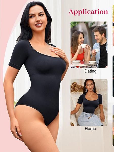 Women's Seamless Square Neck Short Sleeve Shapewear, Casual Breathable Fabric Seamless Sculpting Bodysuit, Regular Fit, All Seasons, Comfortable Inner Layer Top