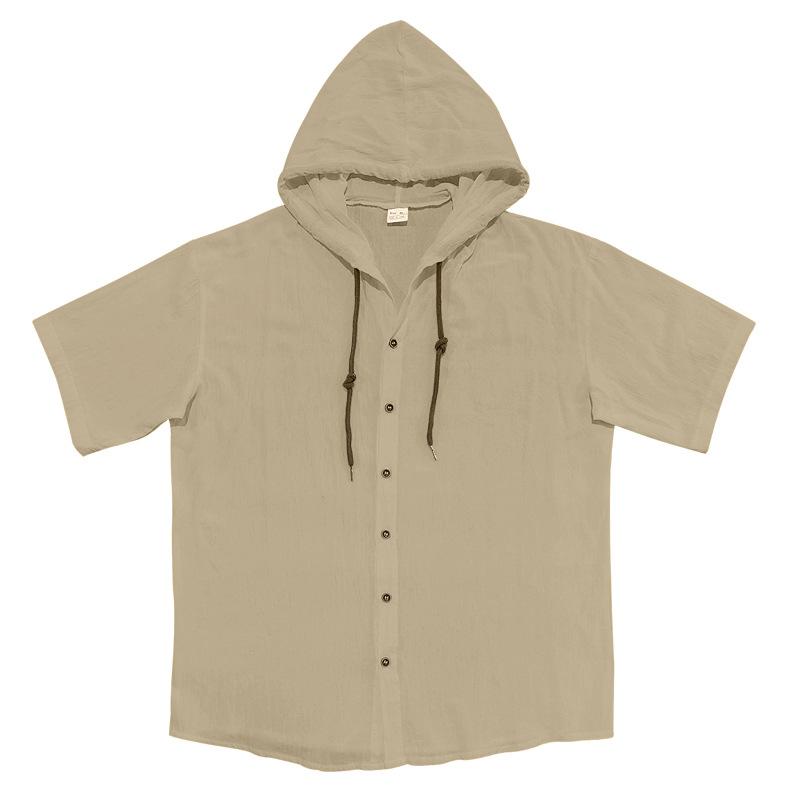 American-style Summer Lightweight Breathable Linen Amekaji Loose-fitting Hooded Men's Short-sleeve Shirt 95% Linen 5% Polyester Casual Menswear