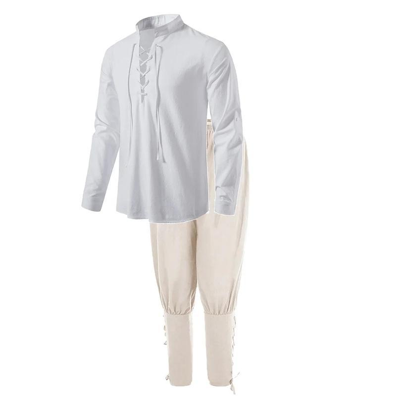 2PcsMen'sMedievalKnightCostumeSetRenaissanceCosplayPirateShirtsAnkleBandedPantsForHalloweenCottonLinenFabricMenswearClothesHoodieCasualGamisBeigePlainWhiteBrown