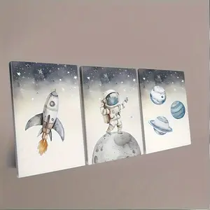 2D Flat Tripartite Vertical Space Theme Wooden Frame Painting - Vintage Astronaut, Rocket, Planet Wall Art for Room Decoration, Comes with Hooks for Installation, Simple Watercolor Space Decorative Indoor Wall Painting