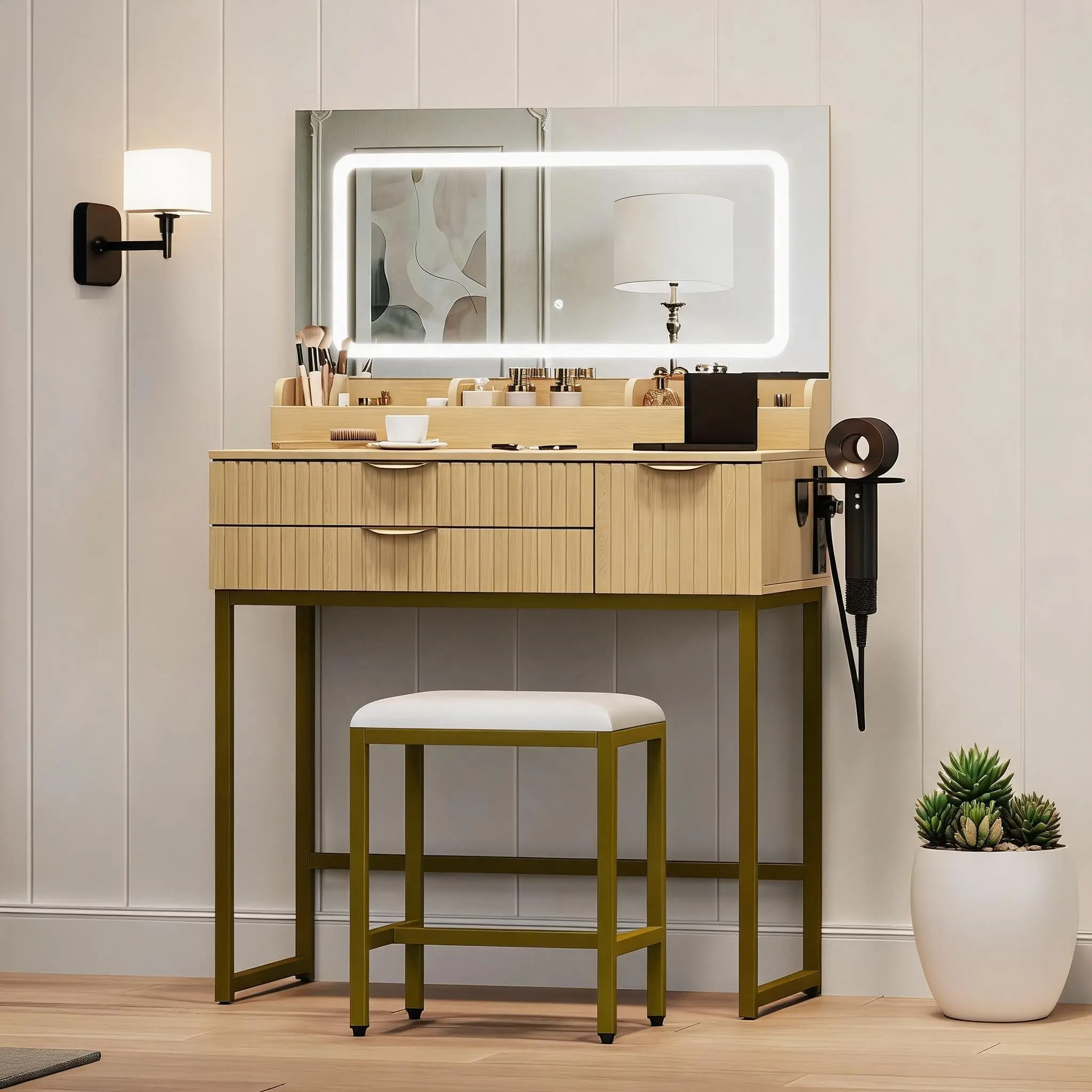 Garvee Vanity Desk Set With Touch‑Adjustable LED Lighted Mirror And Stool, Small Dressing Table With 3 Drawers, Built‑In Charging Station And Hair Dryer Rack For Bedroom