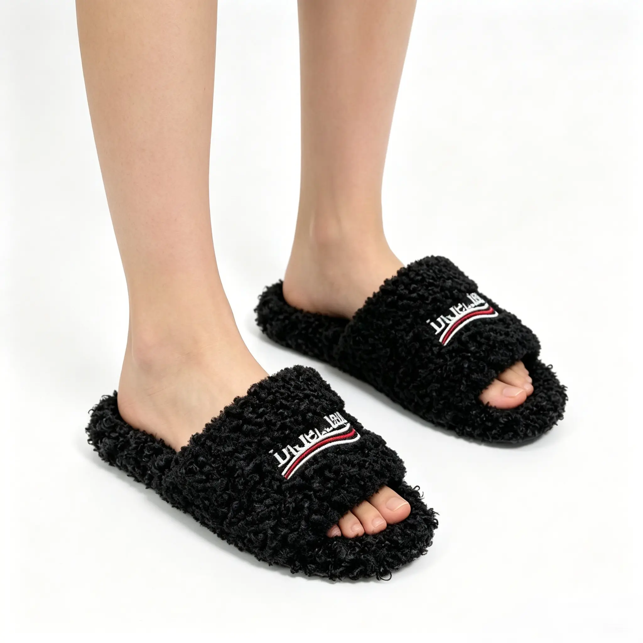 Women Curly Fuzzy Slide Slippers, Fluffy Black Teddy Plush Open Toe Slides with Embroidered Strap, Soft Cozy Indoor Outdoor Slip On Casual Sandals, Warm Comfy Fashion House Slippers for Daily Street Walking curly fuzzy slippers women