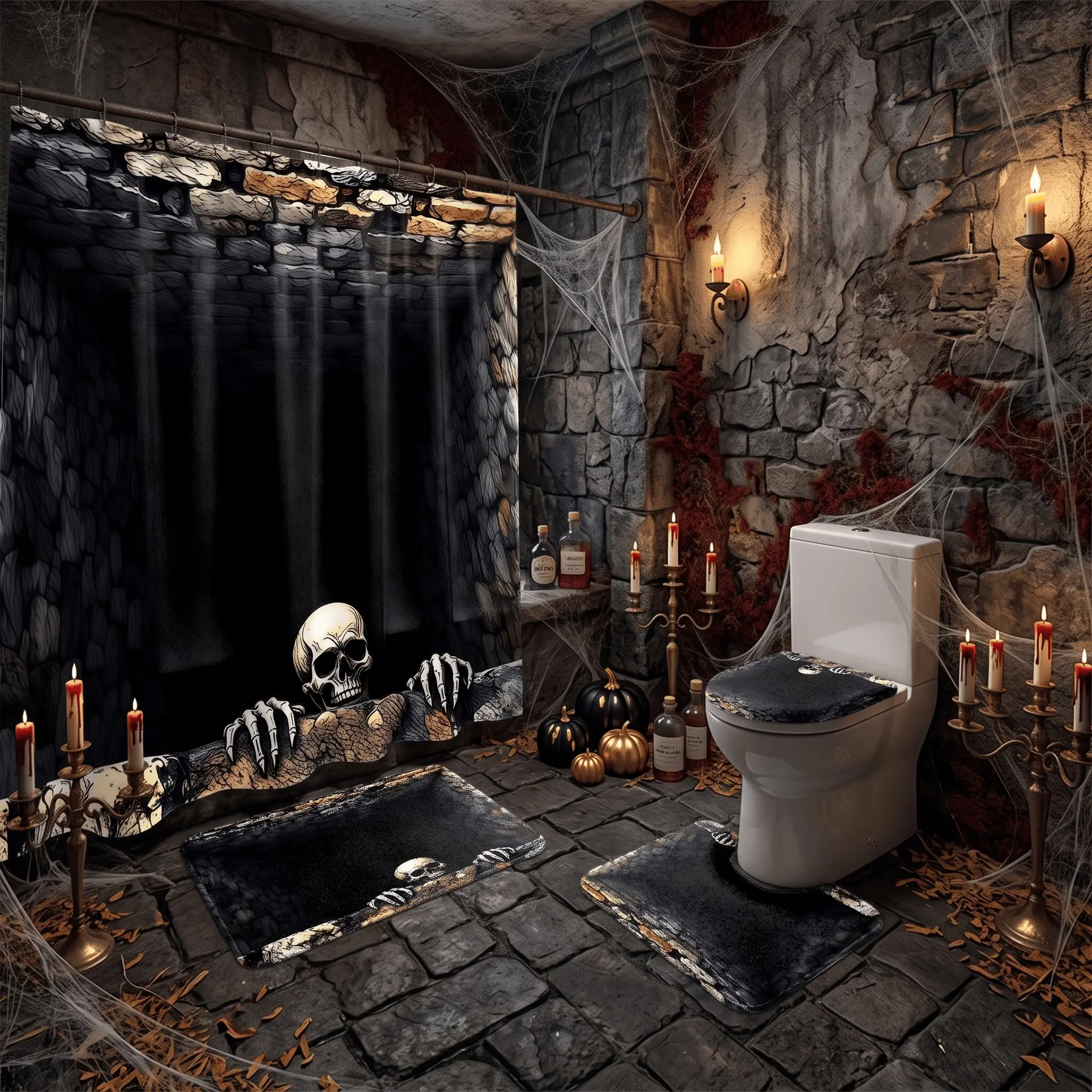4pcs Halloween Creepy Skull Shower Curtain Set, with Non-Slip Rug, Contour Mat, Toilet Cover,The floor mat fabric is thicker and softer!  Spooky Bathroom Decor