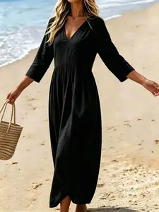 Women's V-Neck Seven-Quarter Sleeve Dress, Pure Color Cotton Linen Material, Summer Vacation Long Dress, European and American Style, Casual Wear