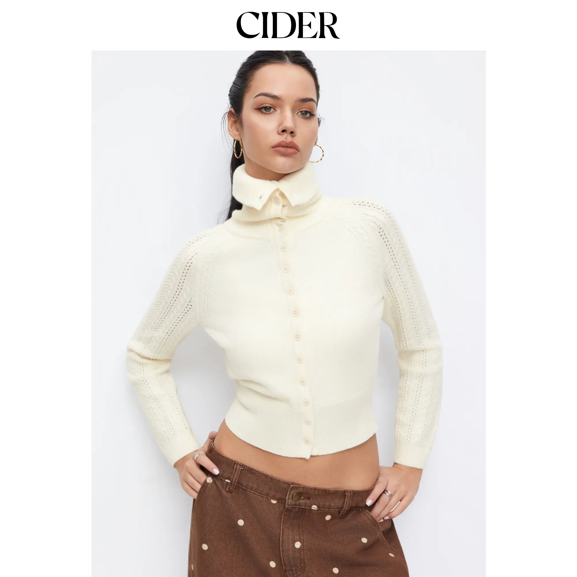 Cider Knit Collar Solid Hollow Out Long Sleeve Cardigan [LIVE FS]