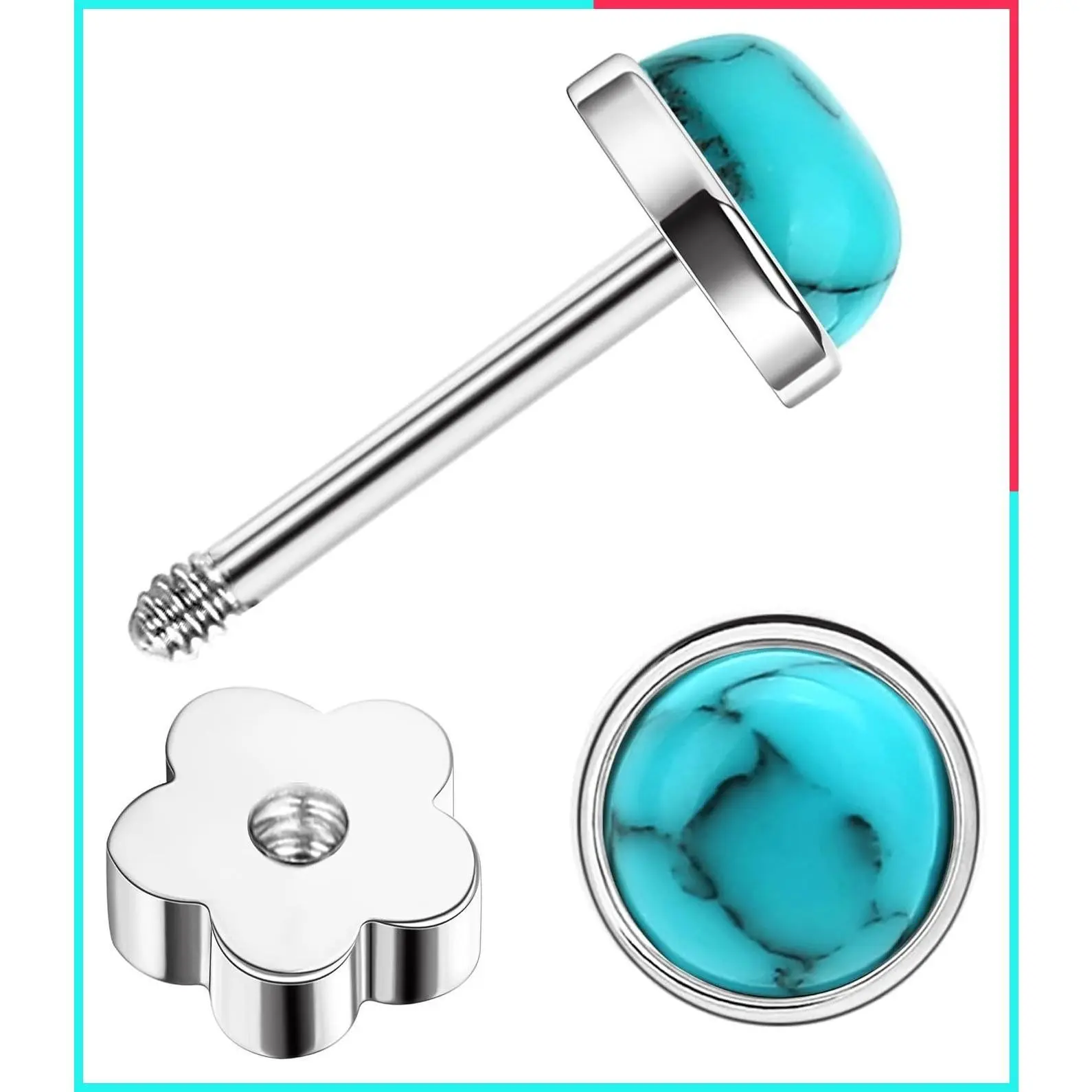 G23 Titanium Handmade Turquoise Flat Back Cartilage Stud Earrings for Women with Sensitive Skin – Hypoallergenic, 20G Screw Back Nap Earrings
