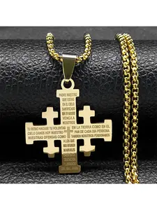 Golden Jerusalem Cross Pendant with Spanish Lord's Prayer Box Chain Necklace