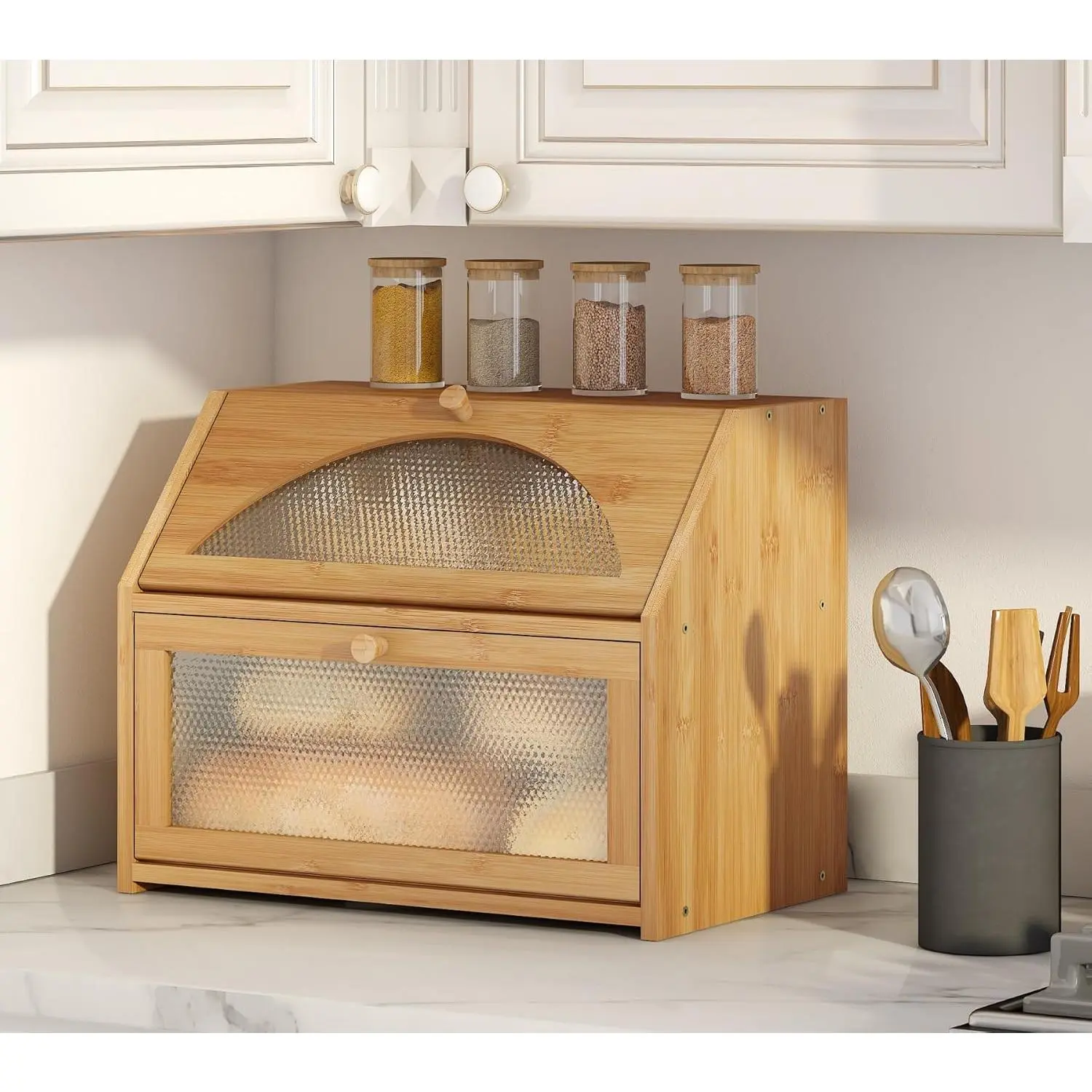 Bread Box,   Bread Box for Kitchen Counter, Double-layer Bread Storage Bin,  glass with  Patterns (, Large)