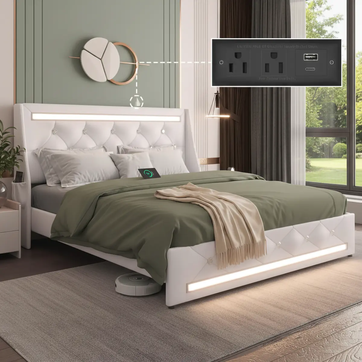 Queen Size Bed Frame with LED Light  and Charging Station, Faux Leather Upholstered Queen Platform Bed with Diamond Headboard, USB & AC Outlets, Storage Pockets, Wooden Slats, No Box Spring Needed, White