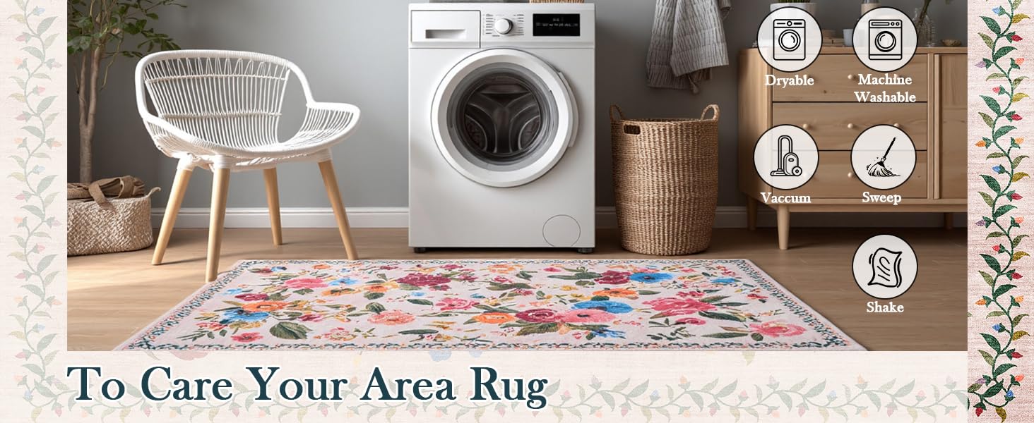 Pink Area Rug 4x6 Rug Washable Boho Rugs Non Slip Low Pile Floral Small Carpet for Bedroom, Bedside, Kids Room, Office, Dining Room(Light Pink, 4 x 6)