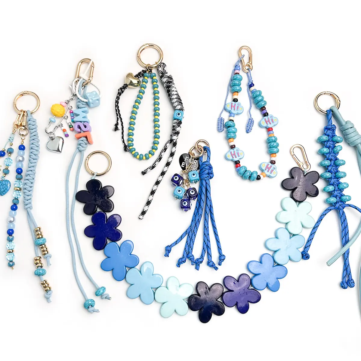 Blue Flower Evil Eye Bag Charm Beaded Strand Keychain Boho Y2K Rope Pendant for Summer Beach Tote Decoration