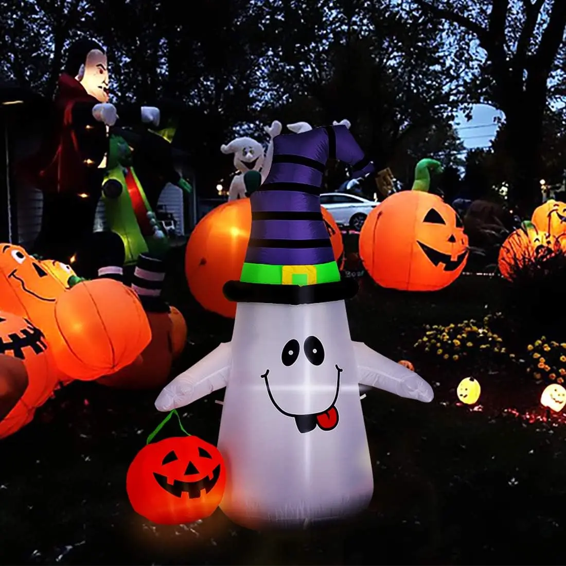 5FT Halloween Inflatable Yard Decor, White Ghost with Pumpkin, Outdoor Blow Up with Built-in LED Light  Lawn, Garden, Party