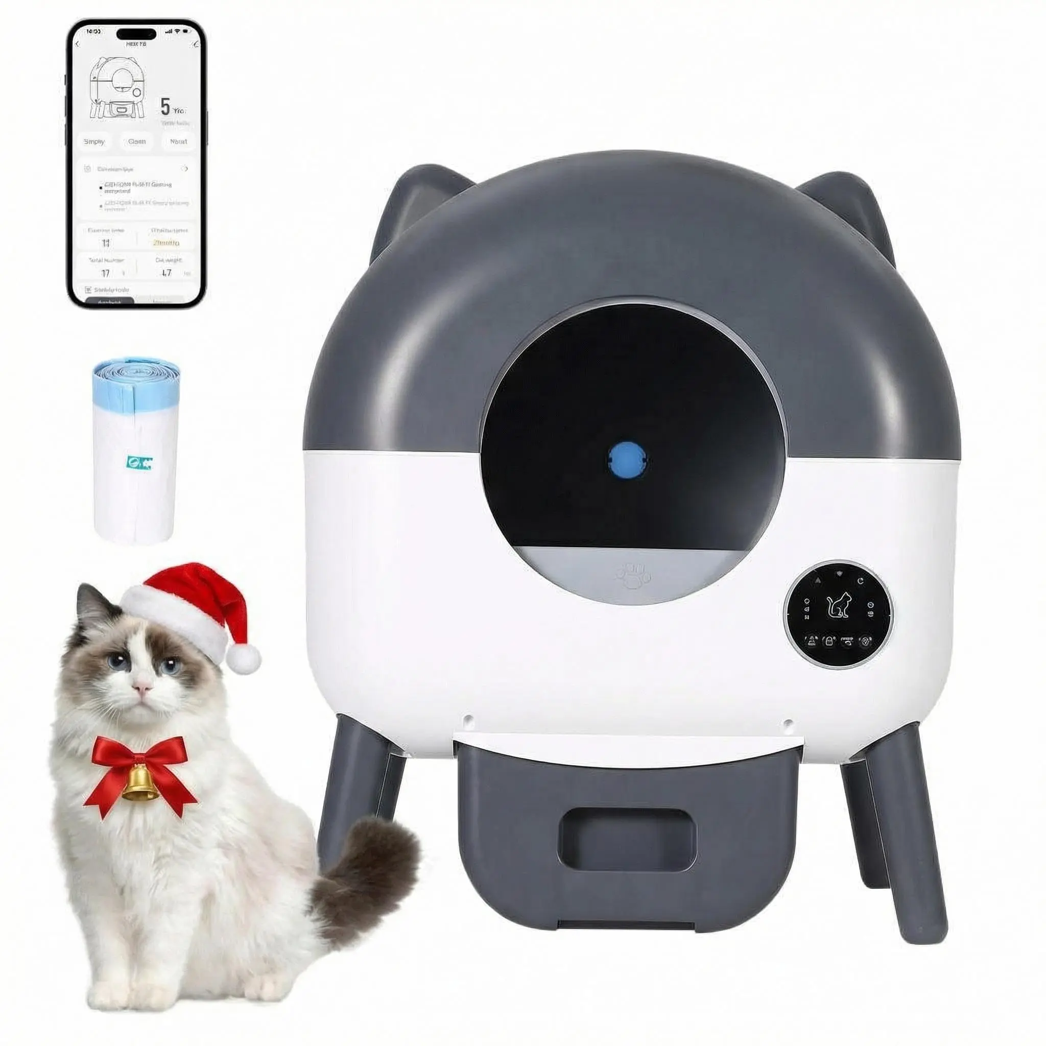 Garvee Automatic Self-Cleaning Cat Litter Box with Large Capacity and App Control, Featuring Triple Safety Protection and Includes Garbage Bag Roll, Perfect for Multi-Cat Households