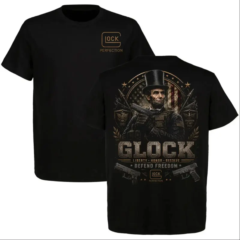 Graphic-T-Shirt Glock Abraham Lincoln Patriotic Tactical Graphic T-Shirt, Liberty Honor Resolve Defend Freedom Tee, Front and Back Print Shirt, Veteran Gift, American Patriotic Apparel, Unisex Casual Streetwear Tee, Men's Women's Camiseta Verano
