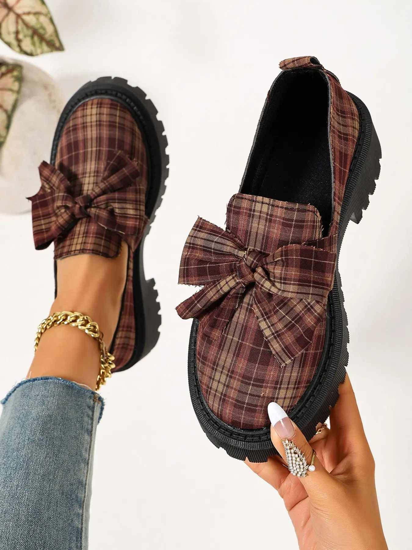 Women's Vintage Tartan Fabric Flatform Loafers, Elegant Bow Design, All-Season Slip-On Shoes, Perfect for School, Daily Commute, Shopping, Bowknot Loafers, Vintage Style Shoes