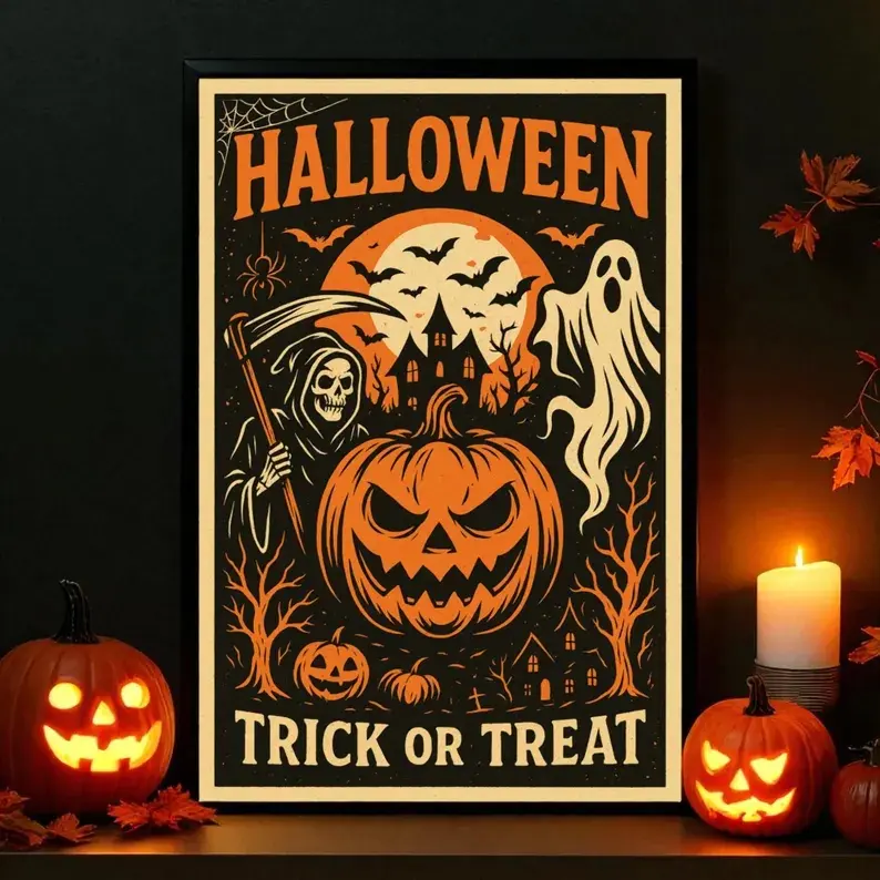 Halloween Trick or Treat Poster, Vintage Horror Wall Art, Retro Halloween Decor, Grim Reaper, Ghost & Pumpkin Gothic Halloween Décor