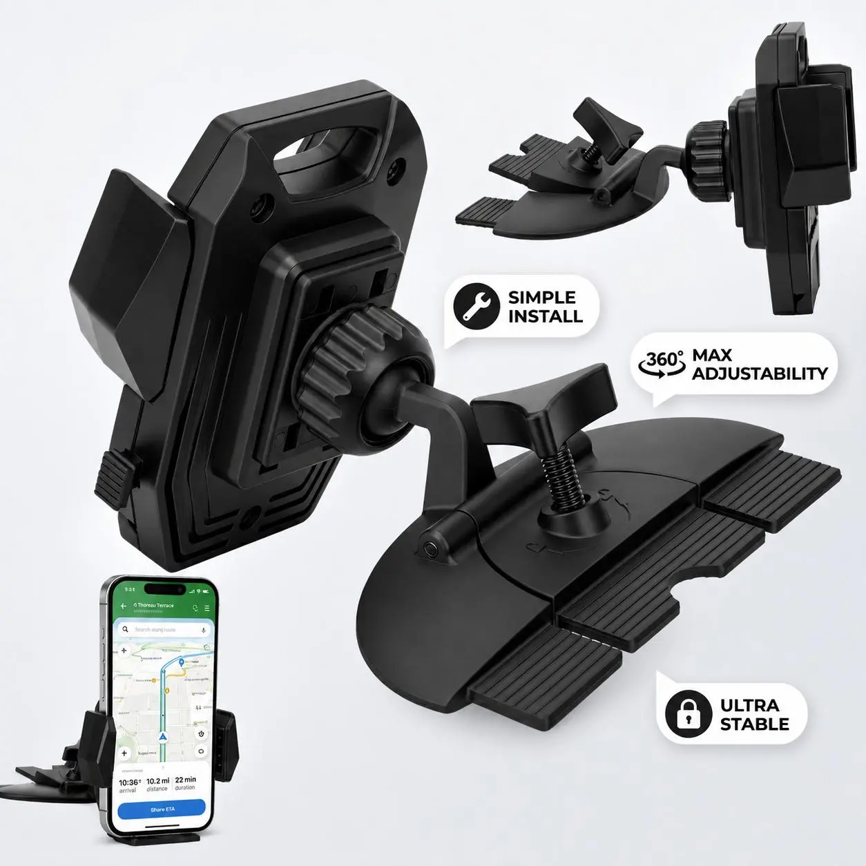 CD Slot Car Phone Mount - 360° Rotating Hands-Free Holder Cradle Compatible with iPhone 15 Series & Below
