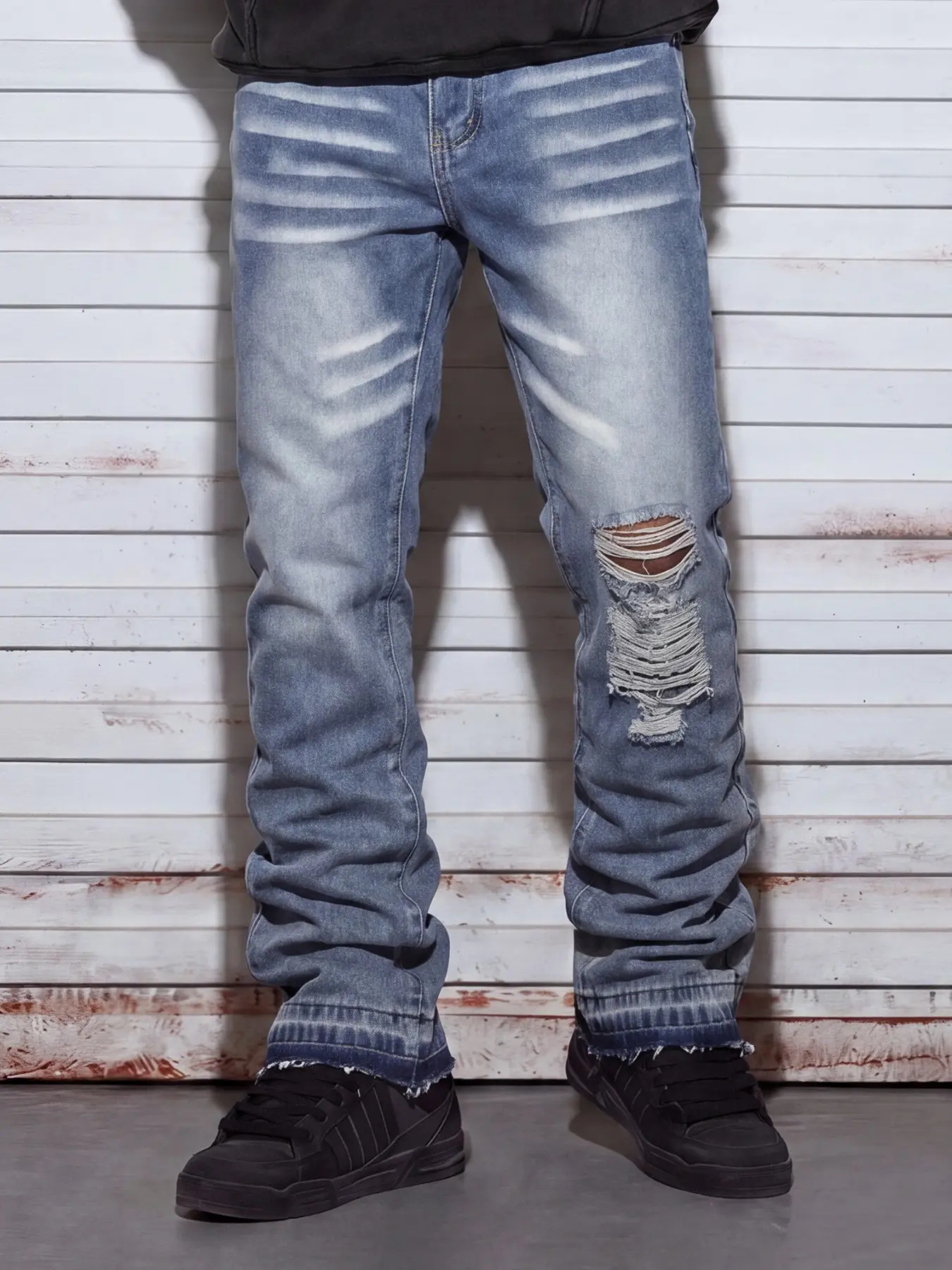 Men’s Blue Washed Slim Flared Denim Jeans, Knee Streaked Rips & Frayed Hems, Retro Faded Denim, Casual Street Style