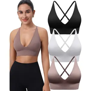 3/4 Pack Women’s Deep V Criss Cross Sports Bra |   Wireless Adjustable Spaghetti Strap Light Padded Low Support Bralette |   Soft Stretch Seamless Lounge Underwear for Daily Workout Casual Wear