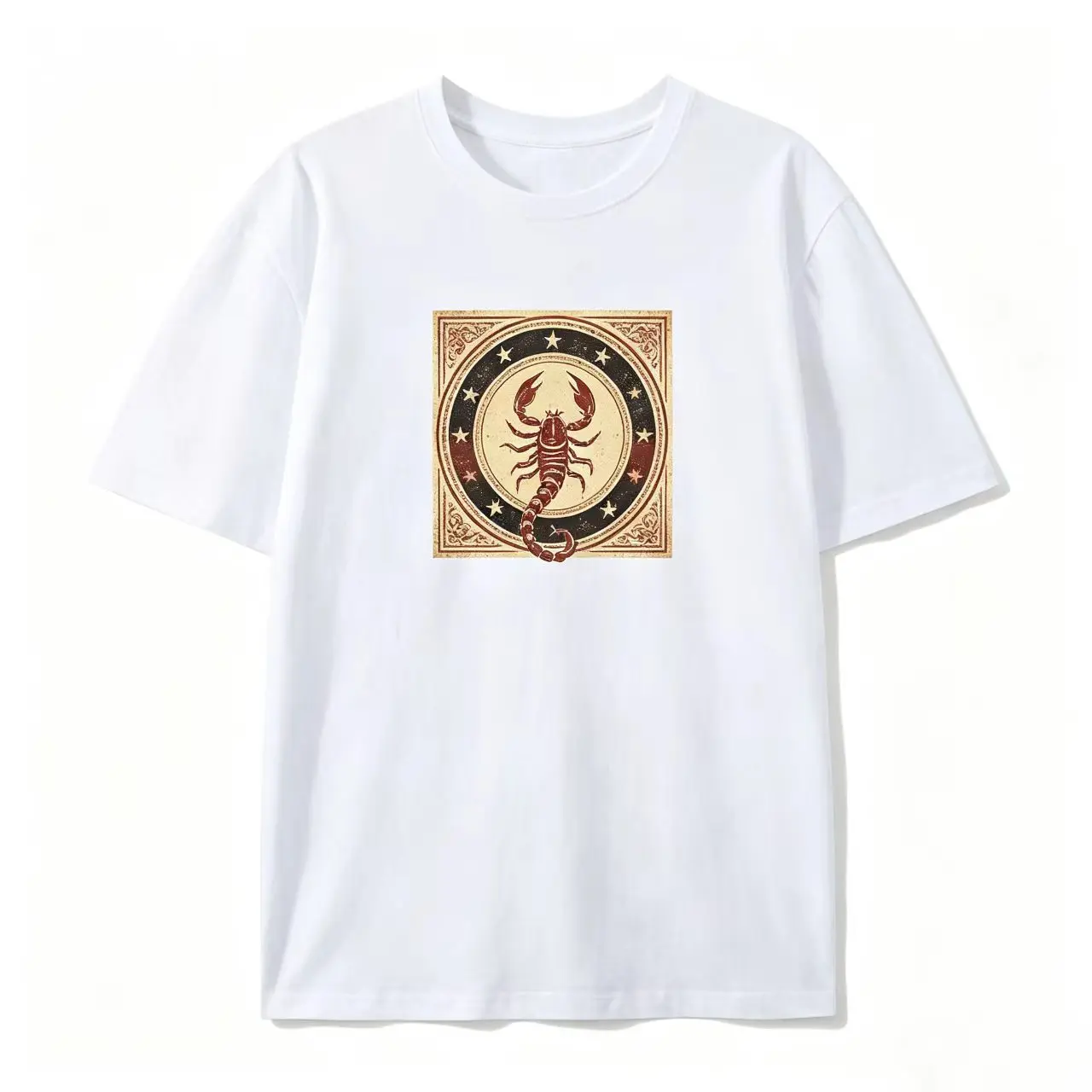 Scorpio Zodiac Emblem Tee – Vintage Scorpion in Ornate Square Frame Design, Intense Astrology Cotton Shirt, SummerVibes Perfect Gift For October Birthdays, Best Mysterious Sign Outfit, Classic Red Gold Print Top