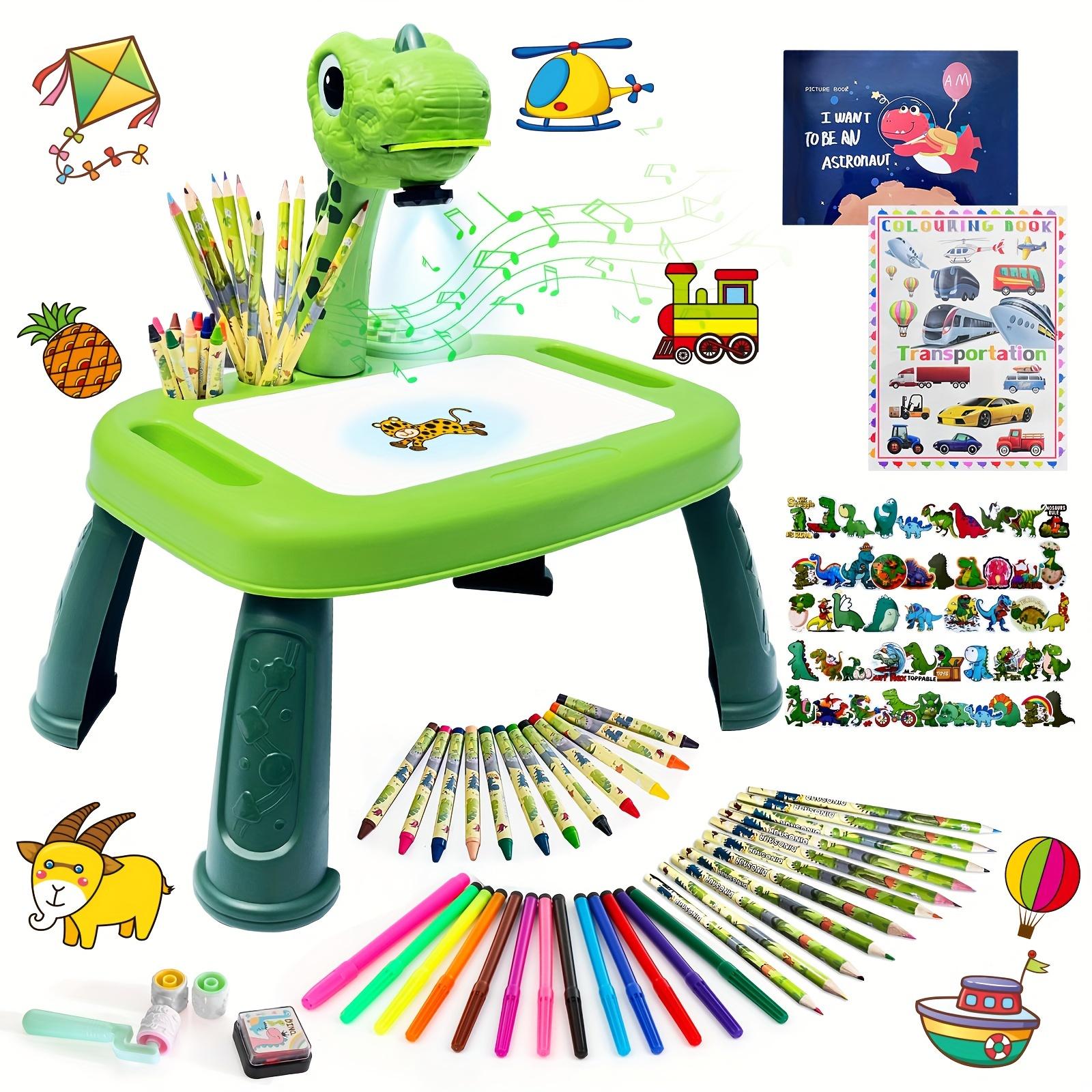 Dinosaur Theme Children's Drawing Projector Set - Green ABS Art and Craft Kit with LED Lights, Pencils, Watercolor Pens, Crayons, Scrapbook, Sticker Book, etc. - Suitable for Boys Aged 3 and Above