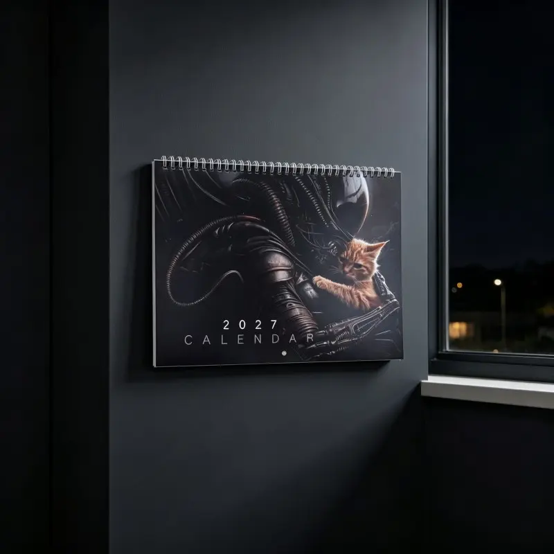 2027 Alien Monster & Cute Turmeric Cat Wall Calendar, Spiral Bound Monthly Planner, Cool Sci-Fi Horror Art Decor, Unique Gift for Movie Lovers & Cat Enthusiasts